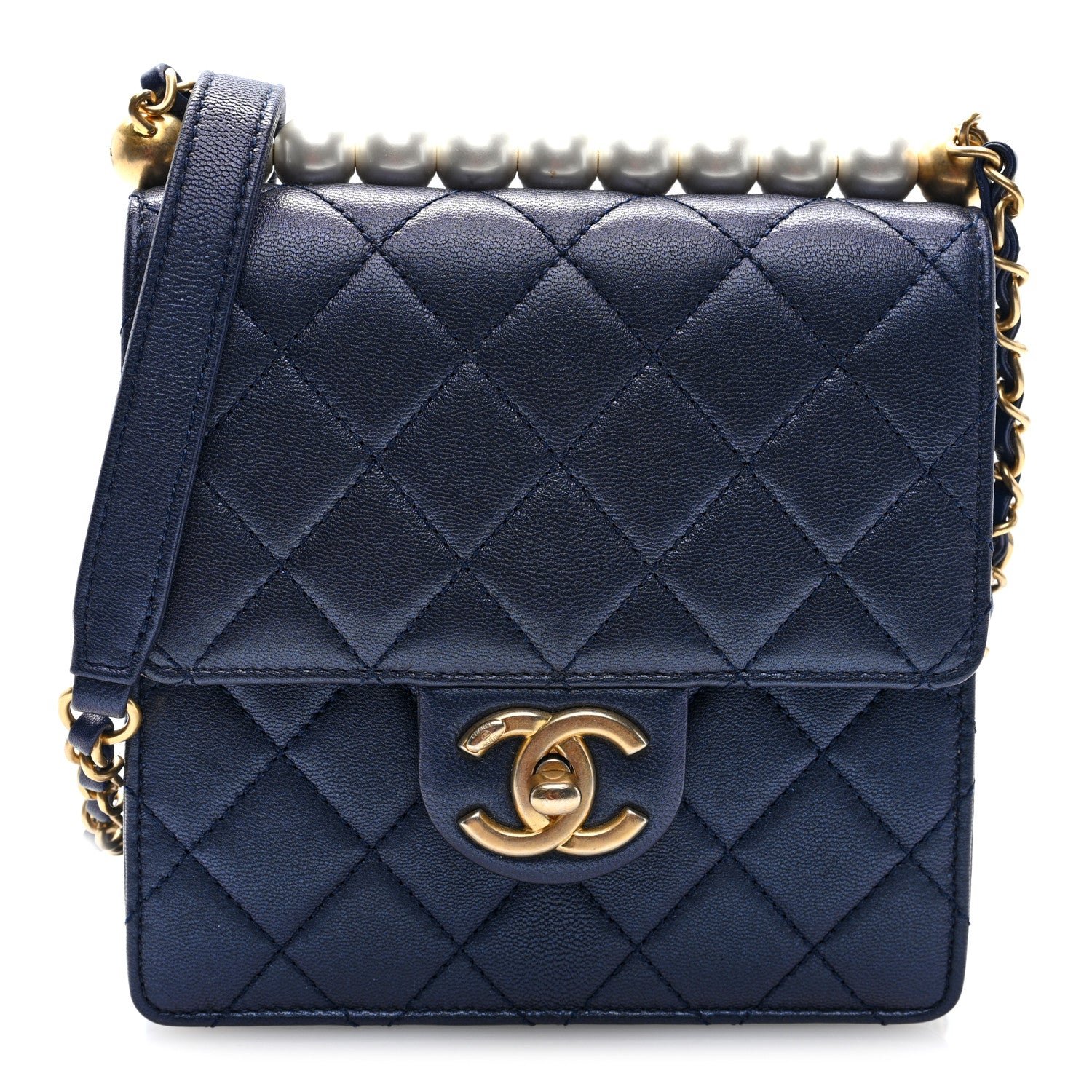Chanel Iridescent Lambskin Quilted Chic Pearls Flap Navy Blue