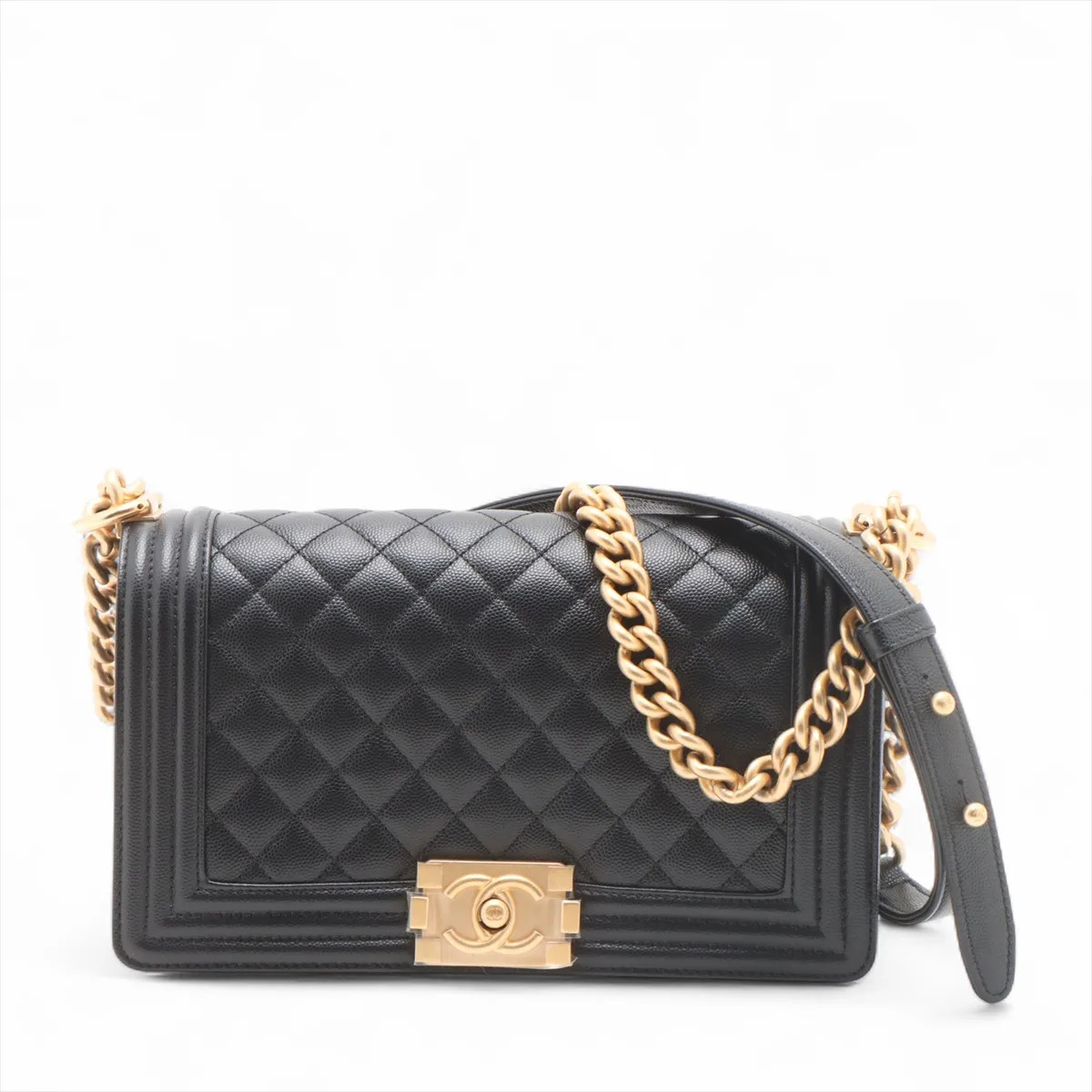 Chanel BOY CHANEL 25 Caviar Skin Chain Shoulder Bag Black Gold Metal Fittings ra