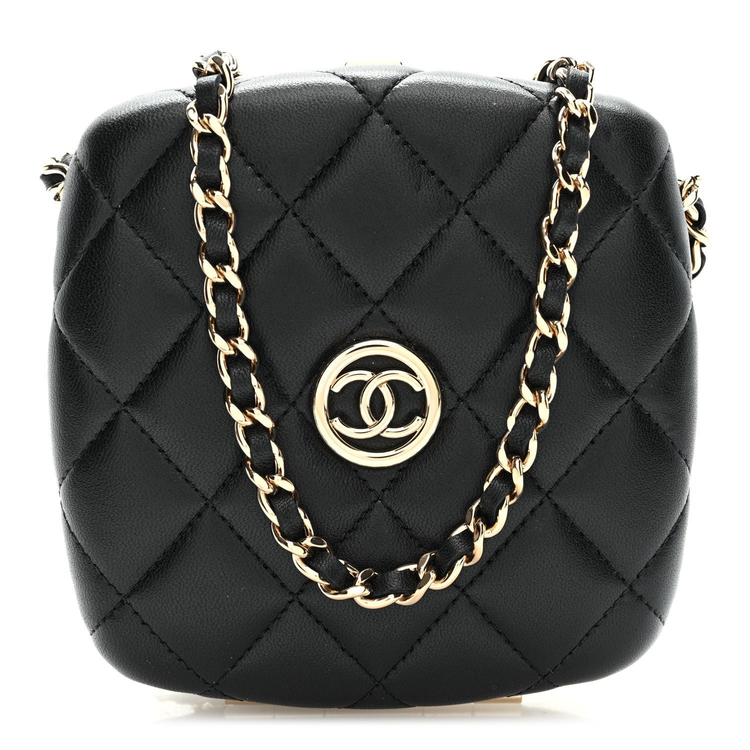 Chanel Lambskin Quilted Compact Vanity Case Purse With Chain Black