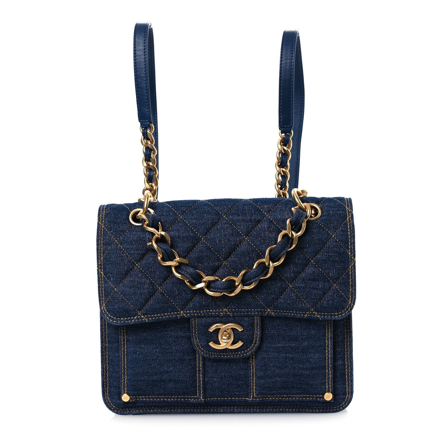 Chanel Denim Quilted Double You Backpack Blue Golden