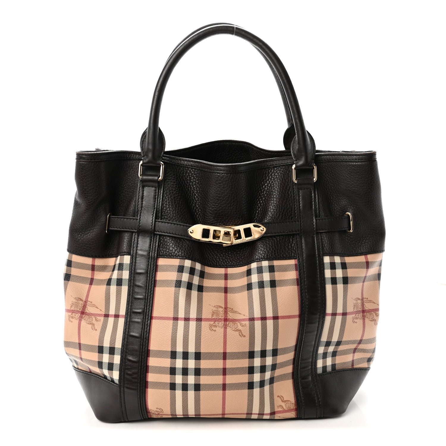 Burberry Grained Calfskin Haymarket Check Medium Golderton Tote Chocolate