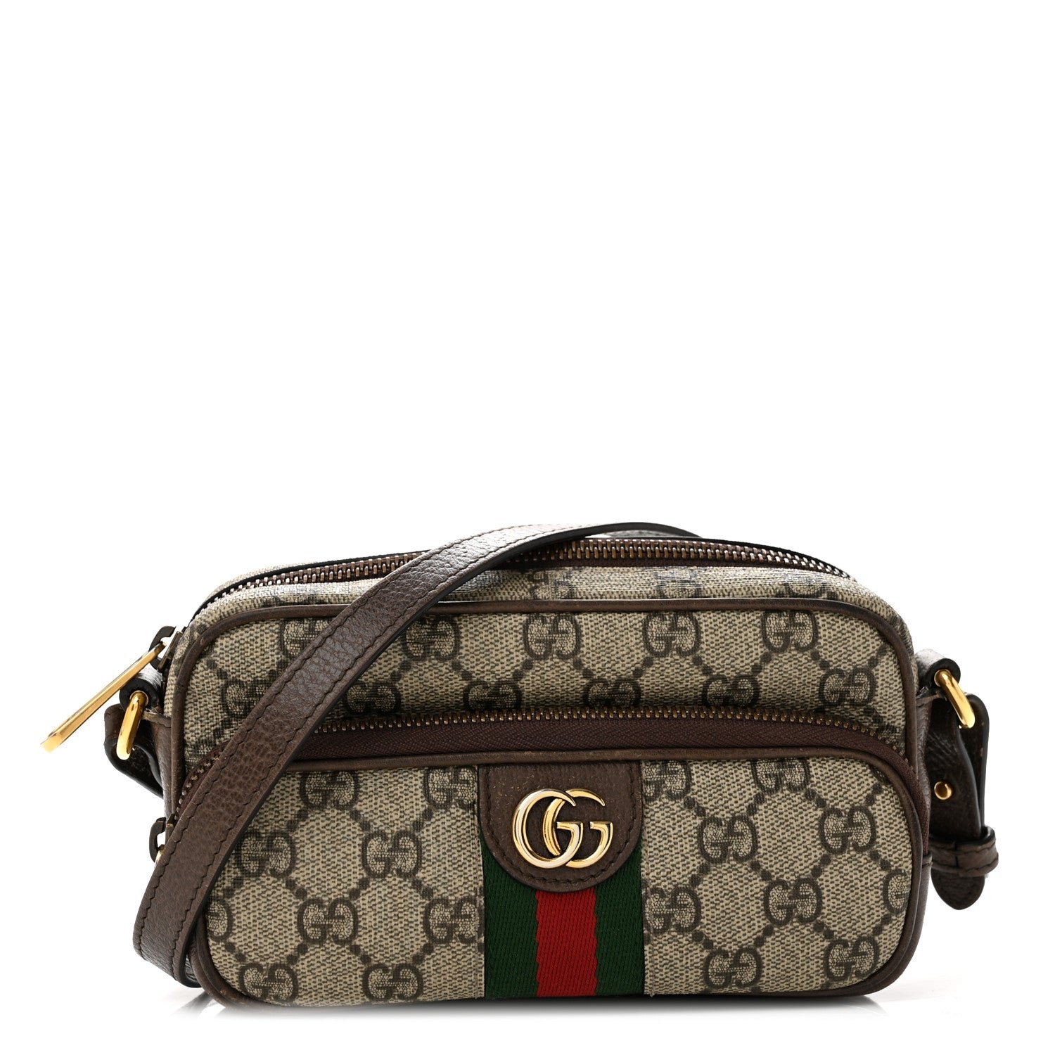 Gucci GG Supreme Monogram Textured Dollar Calfskin Web Mini Ophidia Convertible Shoulder Bag Beige Ebony New Acero
