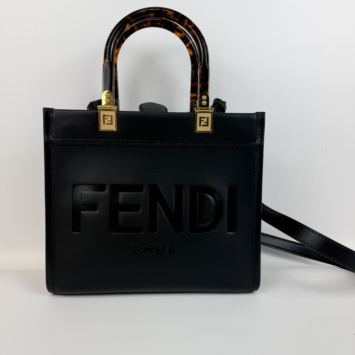 Fendi Fendi Sunshine Mini Bag, Black Calfskin Leather, Tortoise Handle, As New In Box CMA001