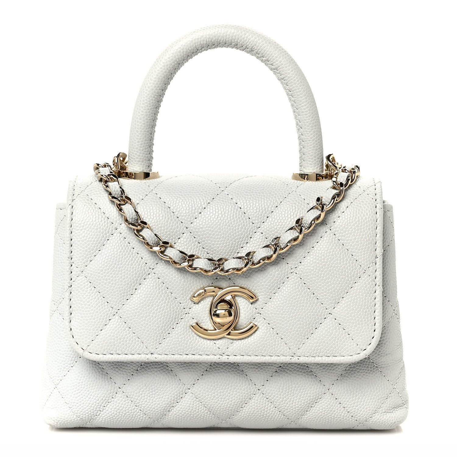 Chanel Caviar Lizard Embossed Quilted Coco Handle Clutch With Chain Light Blue