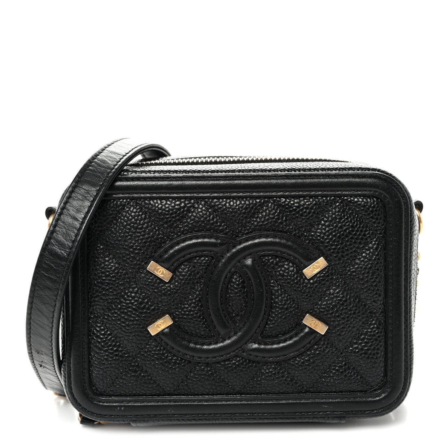 Chanel Caviar Quilted CC Filigree Vanity Clutch With Chain Black