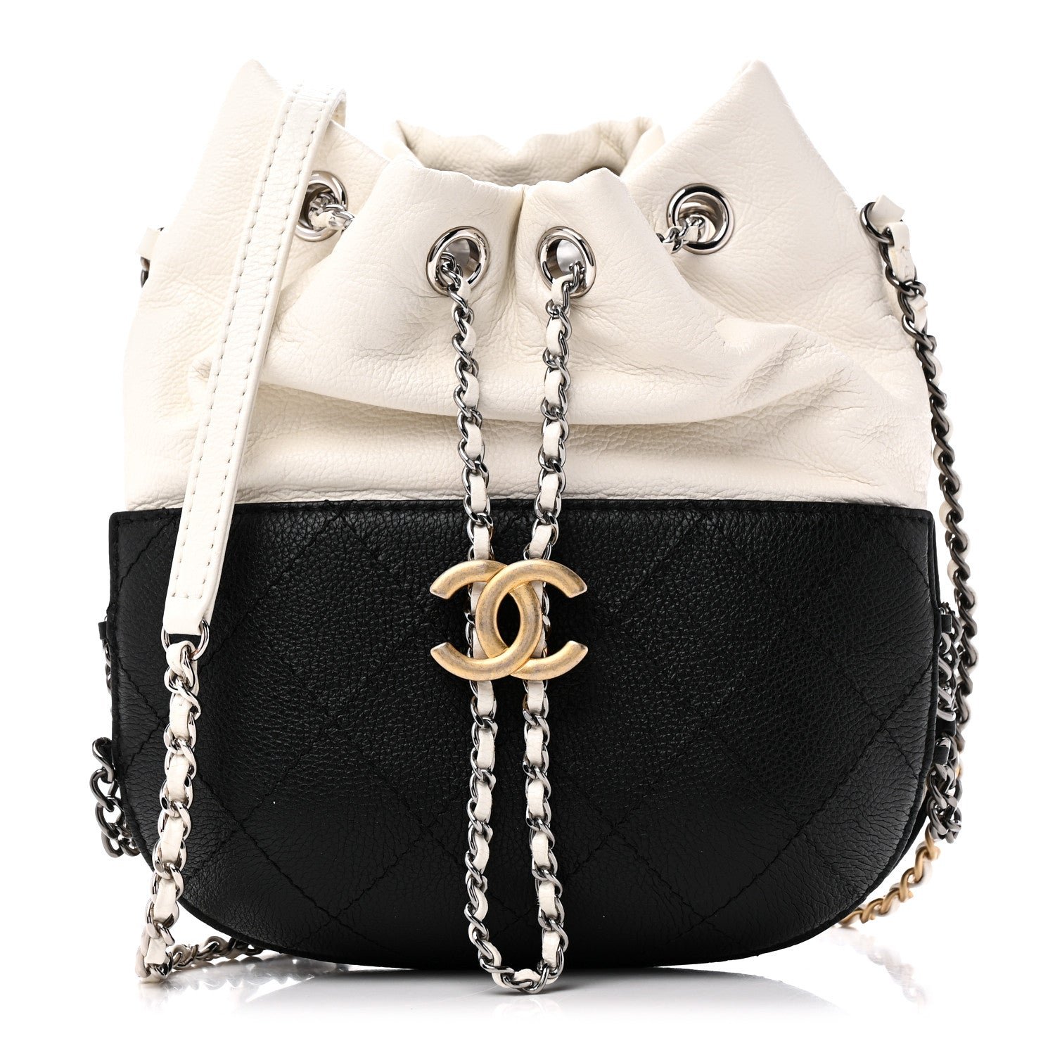 Chanel Aged Calfskin Quilted Small Gabrielle Bucket White Black
