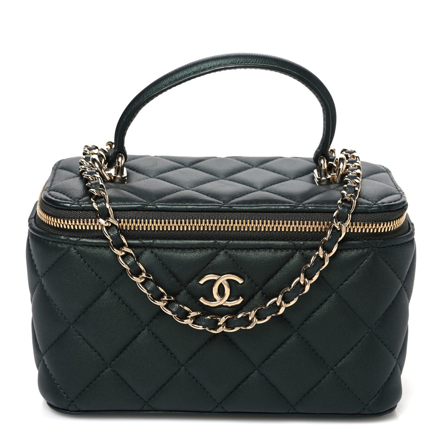Chanel Iridescent Lambskin Quilted Small Top Handle Vanity Case With Chain Dark Green