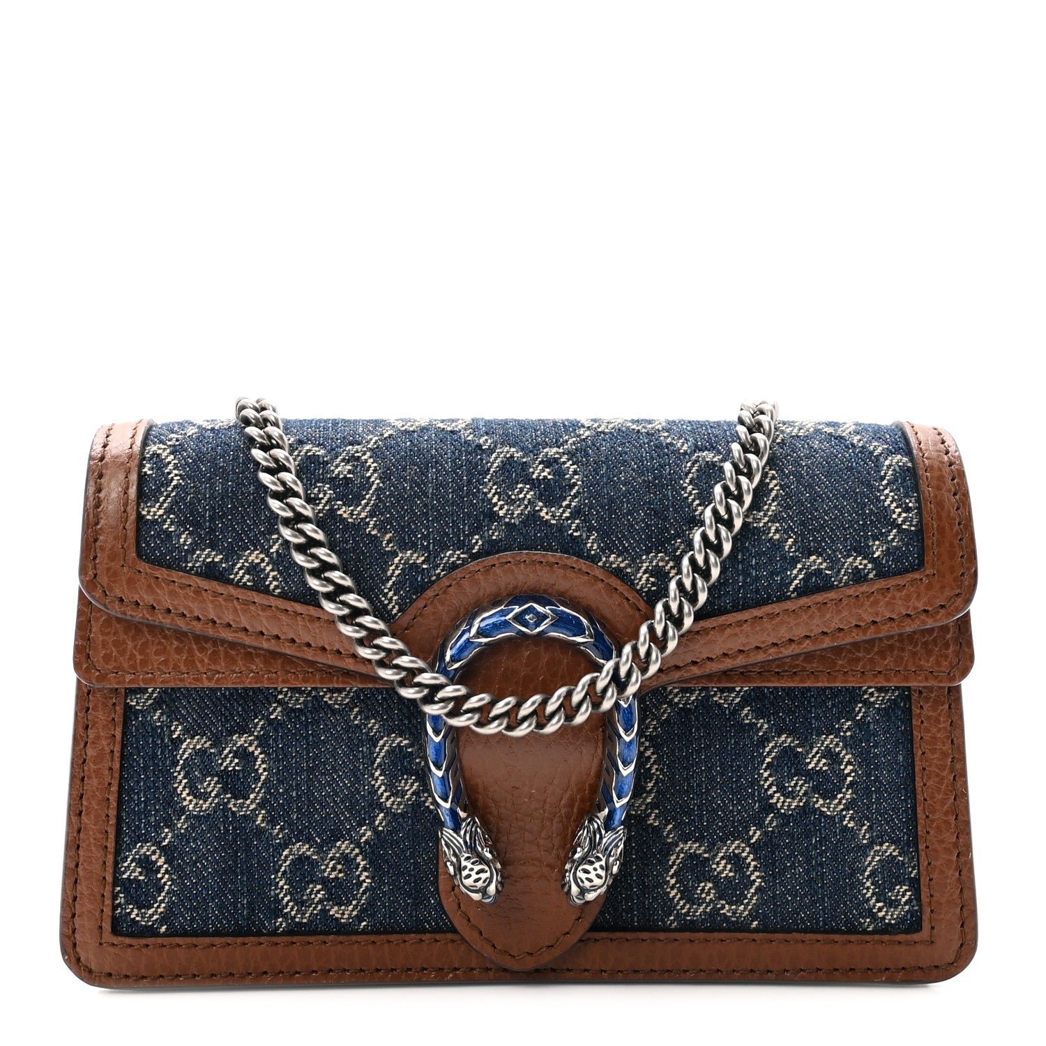 Gucci New Denim GG Monogram Dollar Calfskin Enamel Super Mini Dionysus Shoulder Bag Blue Tea Cuir Epilog Electric Blue