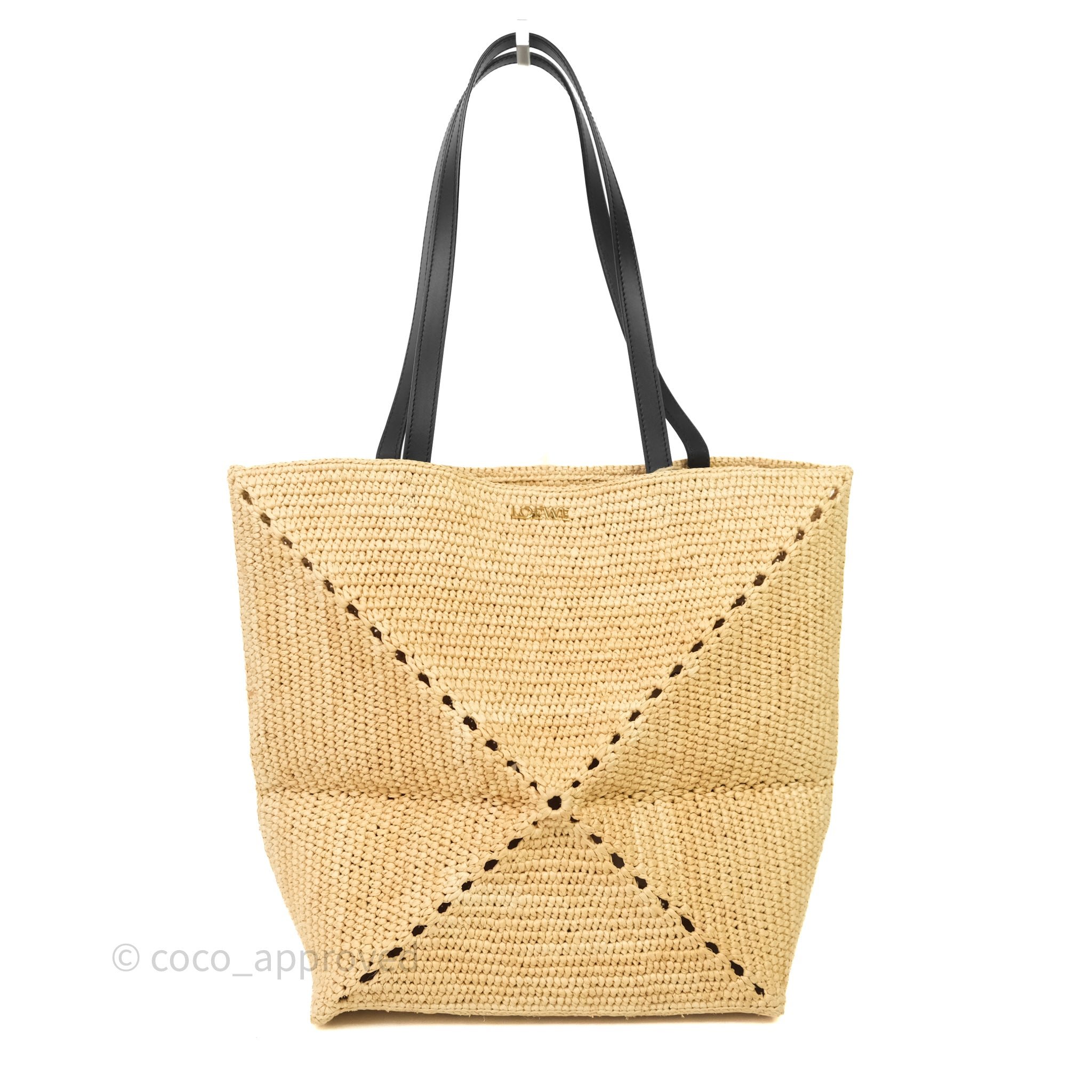 Loewe Medium Puzzle Fold Tote in Raffia Natural/ Black