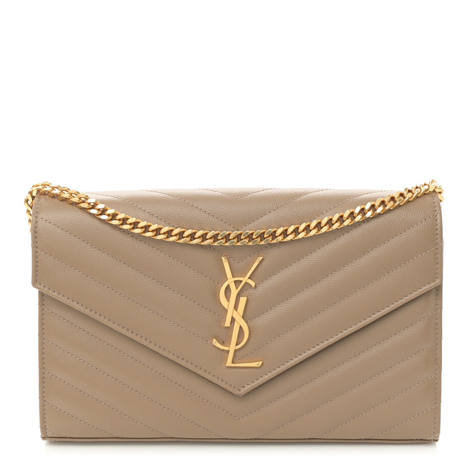 Saint Laurent Grain De Poudre Matelasse Chevron Monogram Chain Wallet Taupe