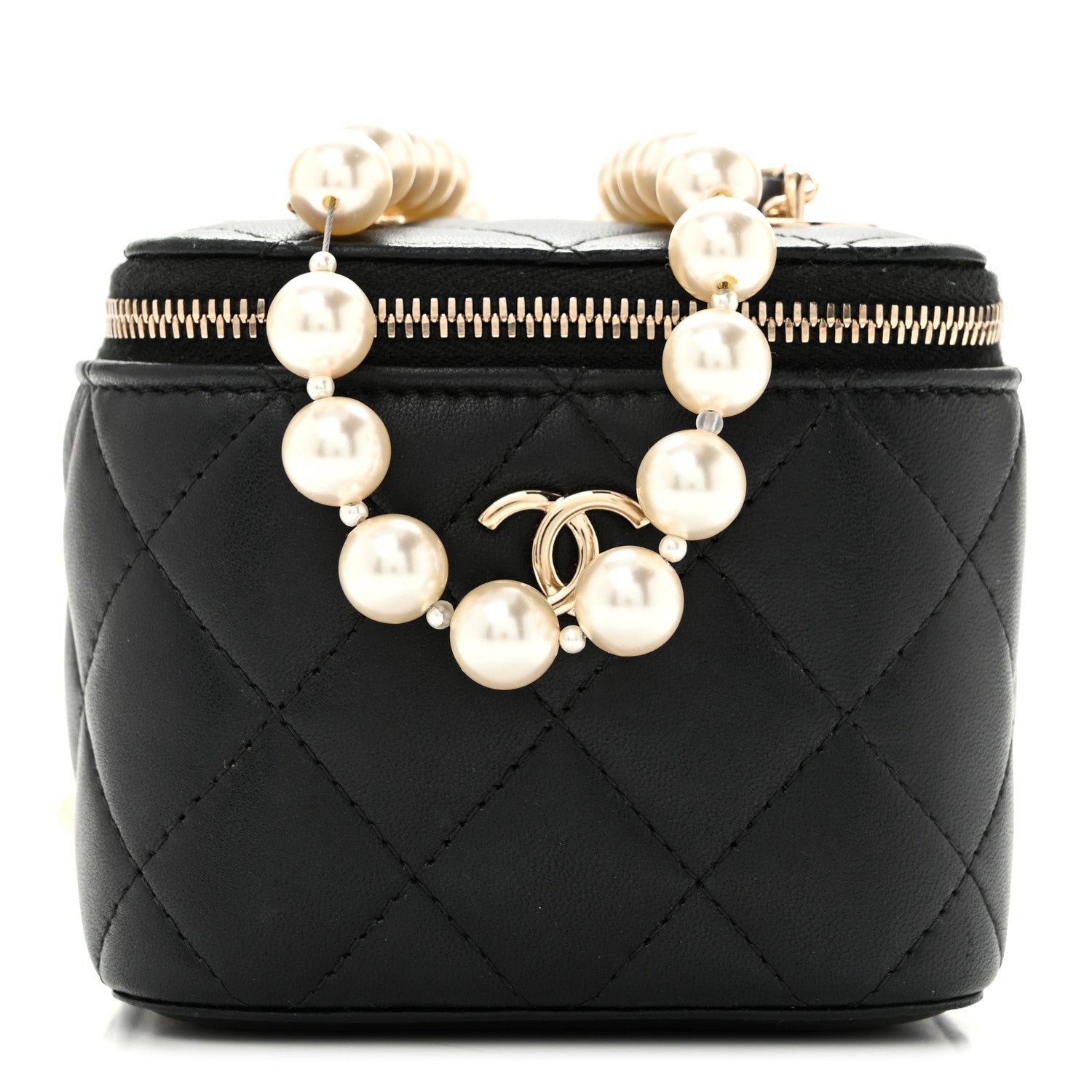 Chanel Lambskin Quilted Mini Vanity Case With Pearl Chain Black