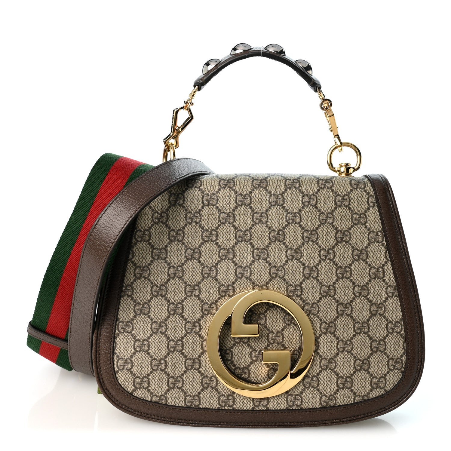 Gucci GG Supreme Monogram Textured Dollar Calfskin Web Medium Blondie Top Handle Shoulder Flap Bag Beige Ebony New Acero