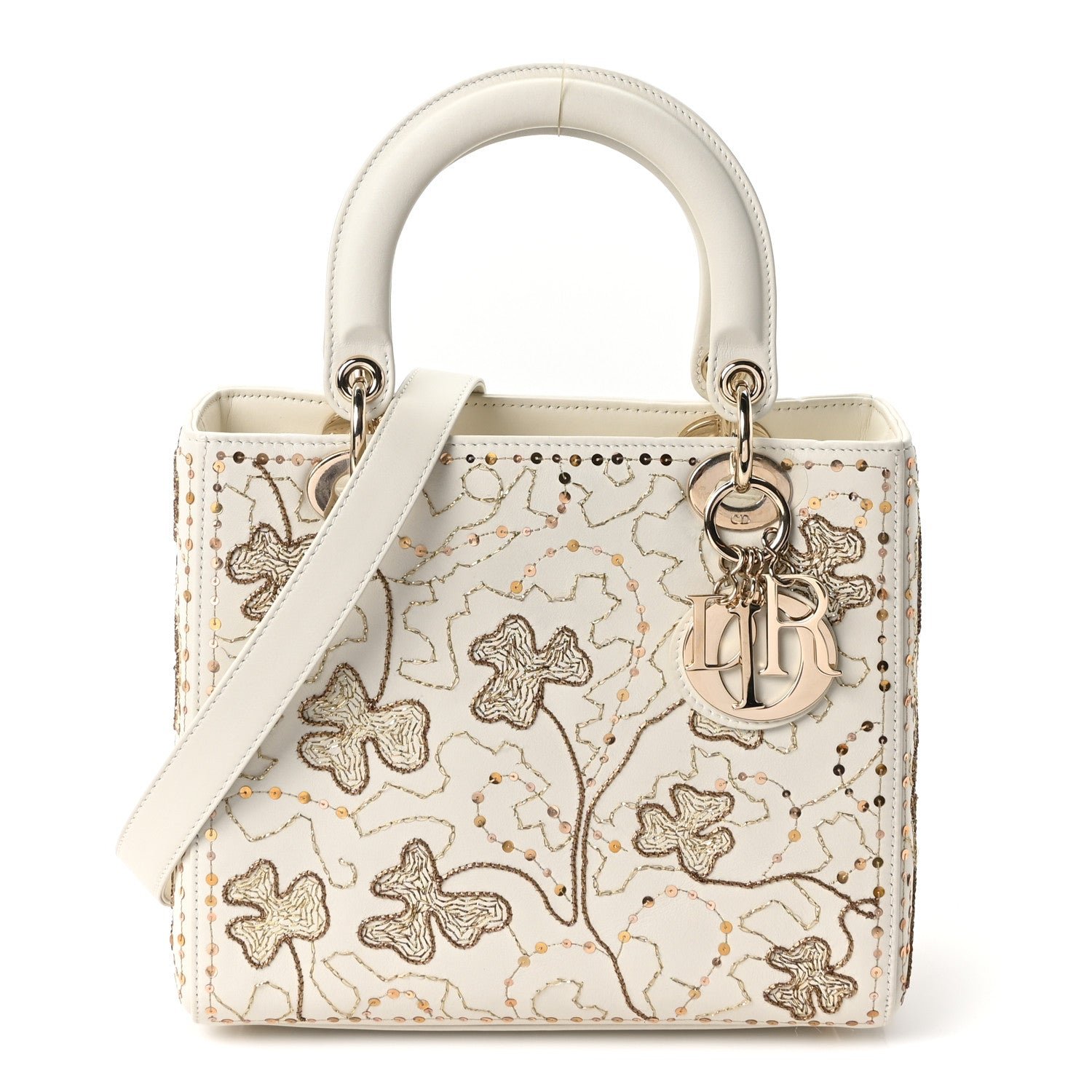 Dior Christian Dior Smooth Calfskin Sequin Embroidered Clover Medium Lady Dior White