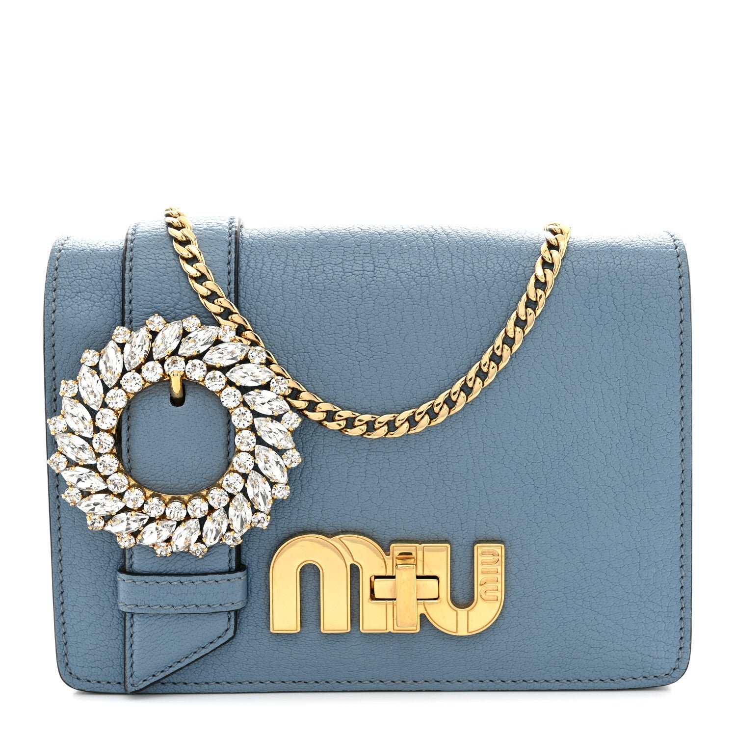 Miu Miu Miu Miu Goatskin Madras Crystal Embellished Shoulder Bag Light Blue