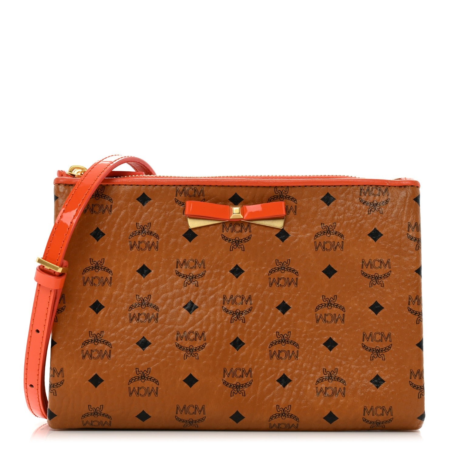 MCM Visetos Patent Mina Crossbody Pouch Cognac Orange