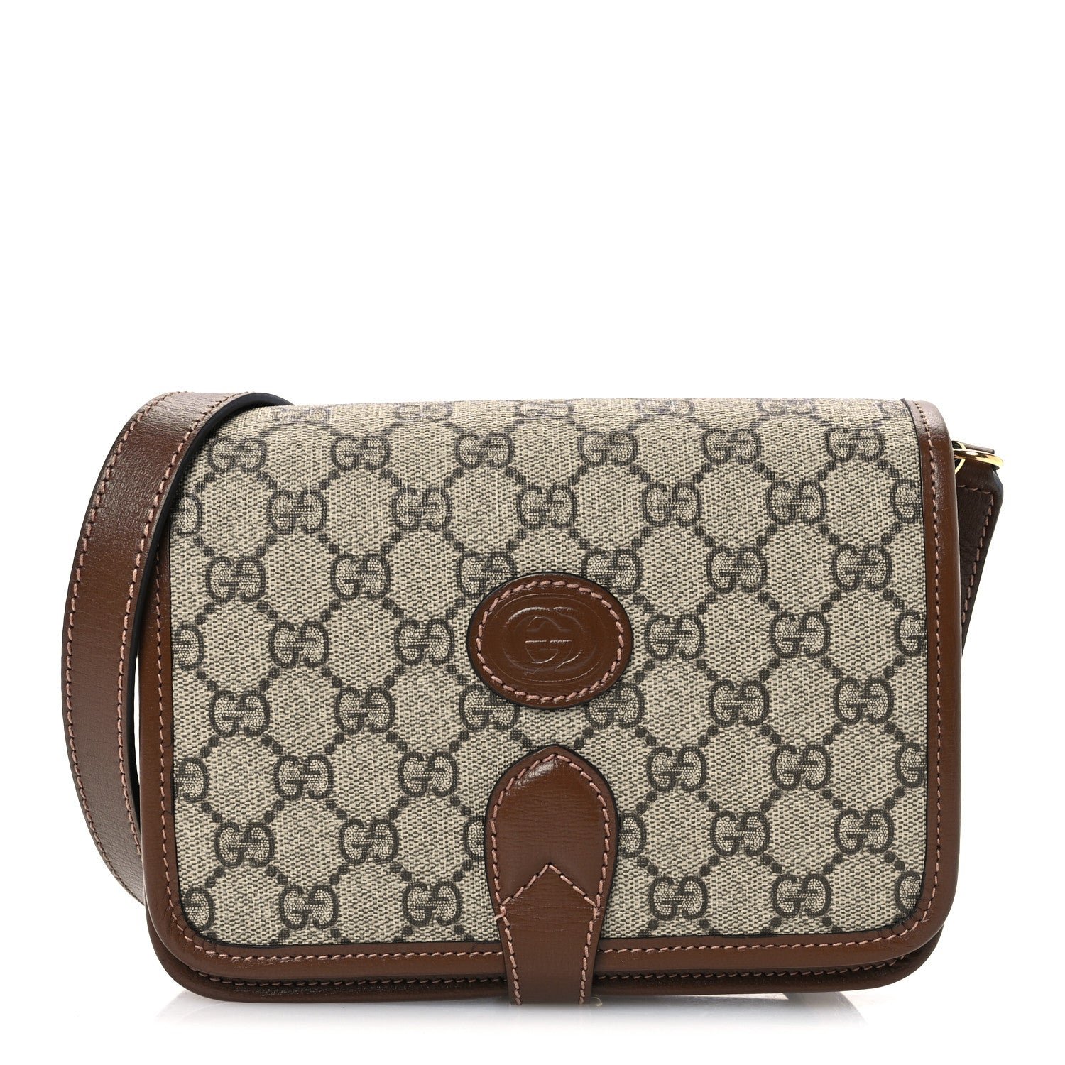 Gucci GG Supreme Monogram Azalea Calfskin Mini Retro Interlocking G Flap Shoulder Bag Beige Ebony Brown Sugar