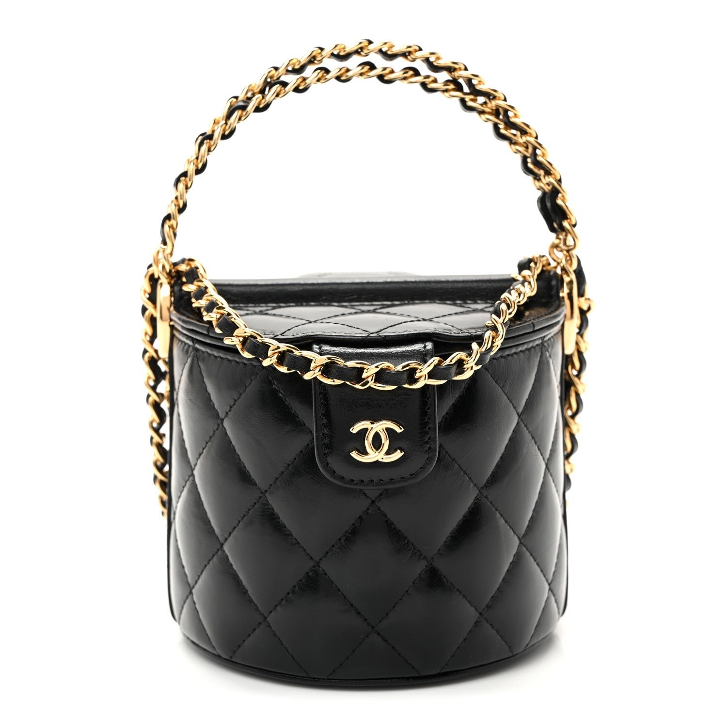Chanel Lambskin Quilted Chain Top Handle Vanity With Chain  Black