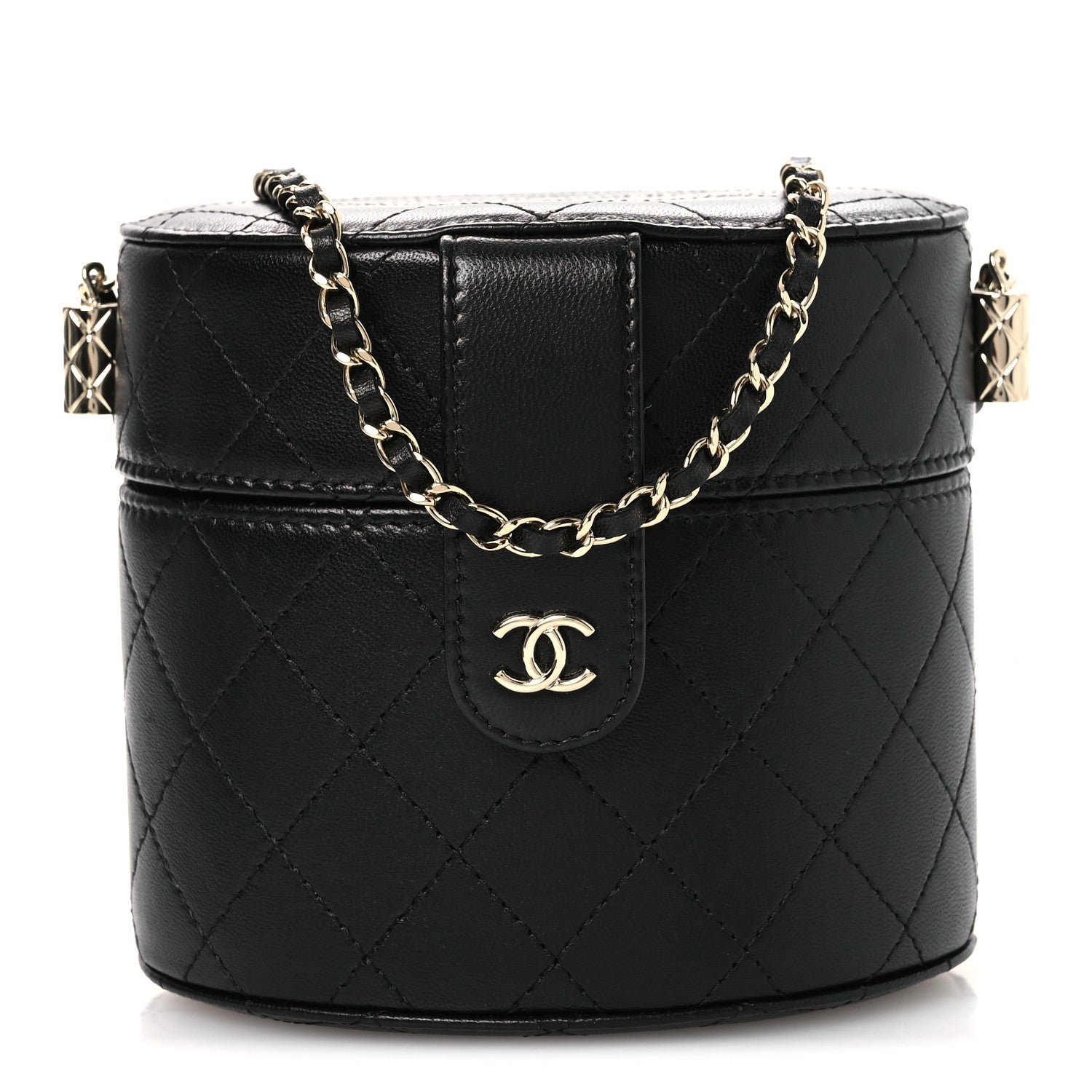 Chanel Lambskin Quilted Round Vanity Case With Chain Black