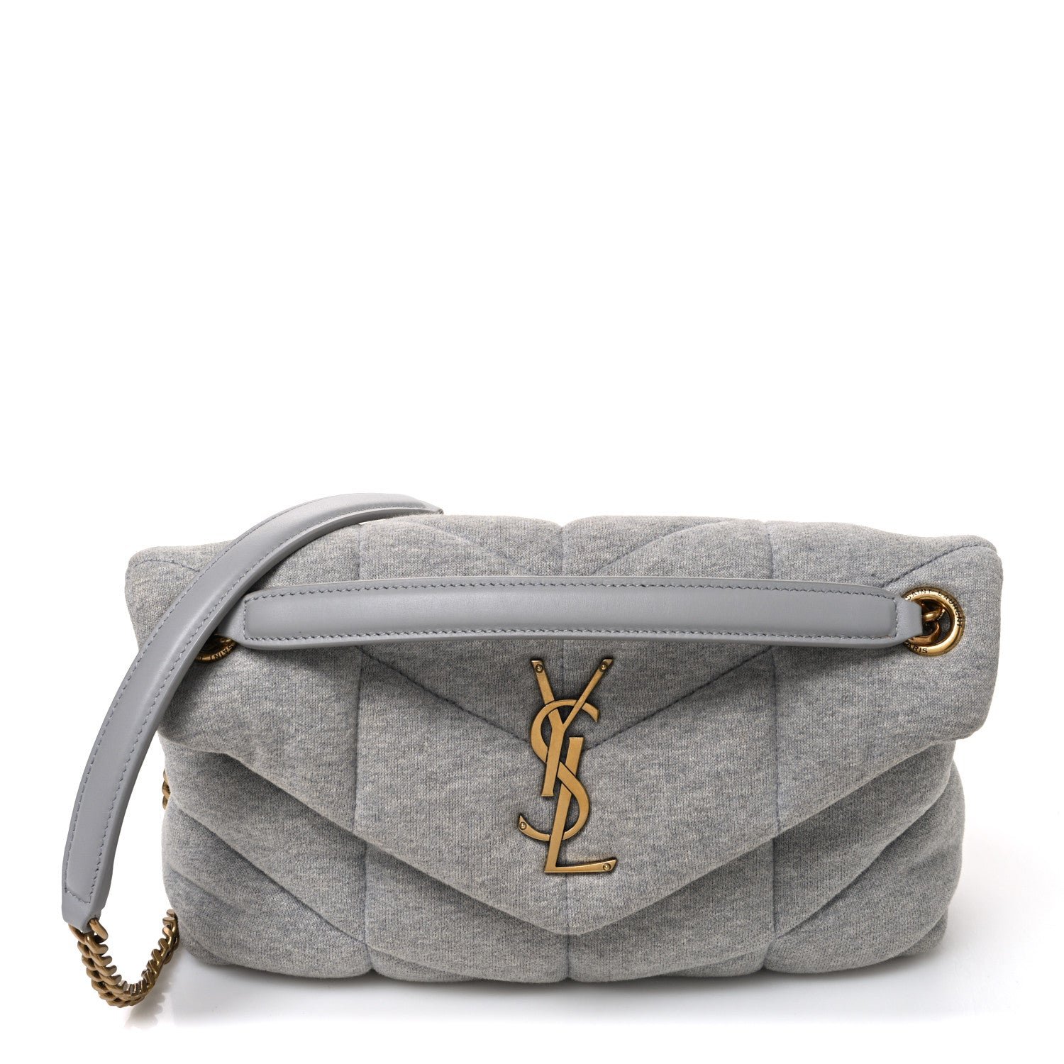 Saint Laurent Jersey Quilted Small Loulou Puffer Monogram Chain Satchel Grey Cloud