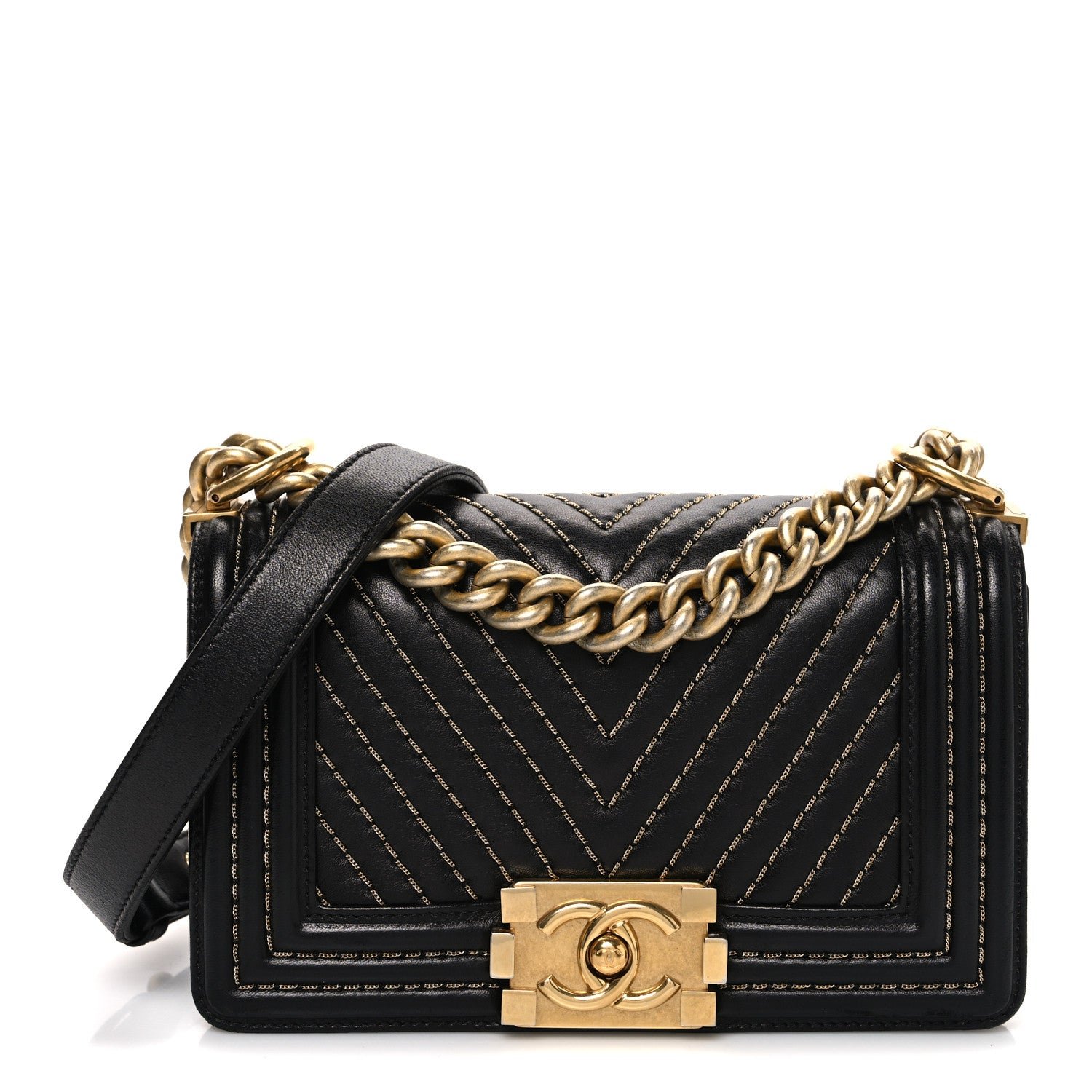 Chanel Lambskin Chevron Chain Stitched Small Boy Flap Black