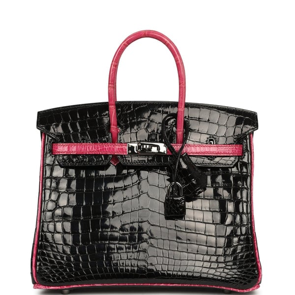 Hermes Vintage Hermes Birkin 25 Black, Fuschia Shiny Niloticus Crocodile Ruthenium Hardware