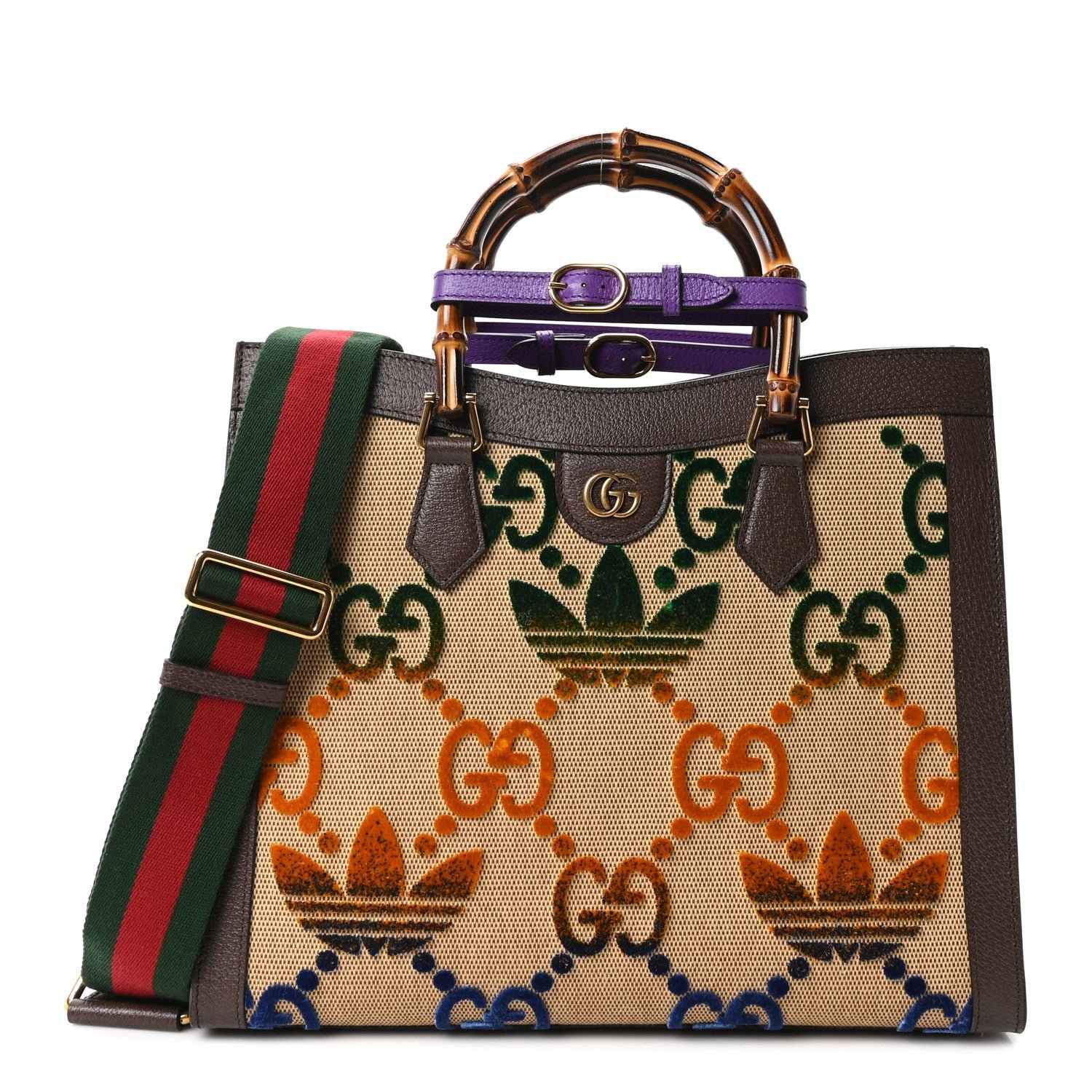 Gucci X ADIDAS Textured Dollar Calfskin Jumbo GG Textured Web Trefoil Logo Medium Diana Tote Bag Beige Brown Multicolor