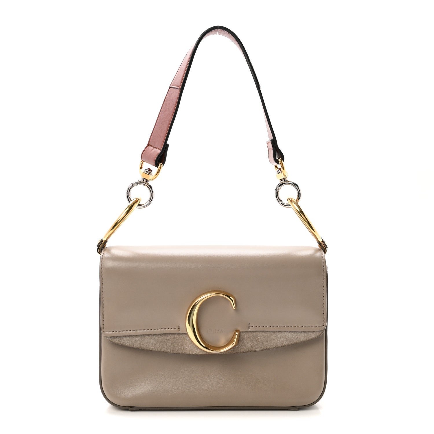 Chloe Shiny Calfskin Suede Small C Double Carry Bag Motty Grey