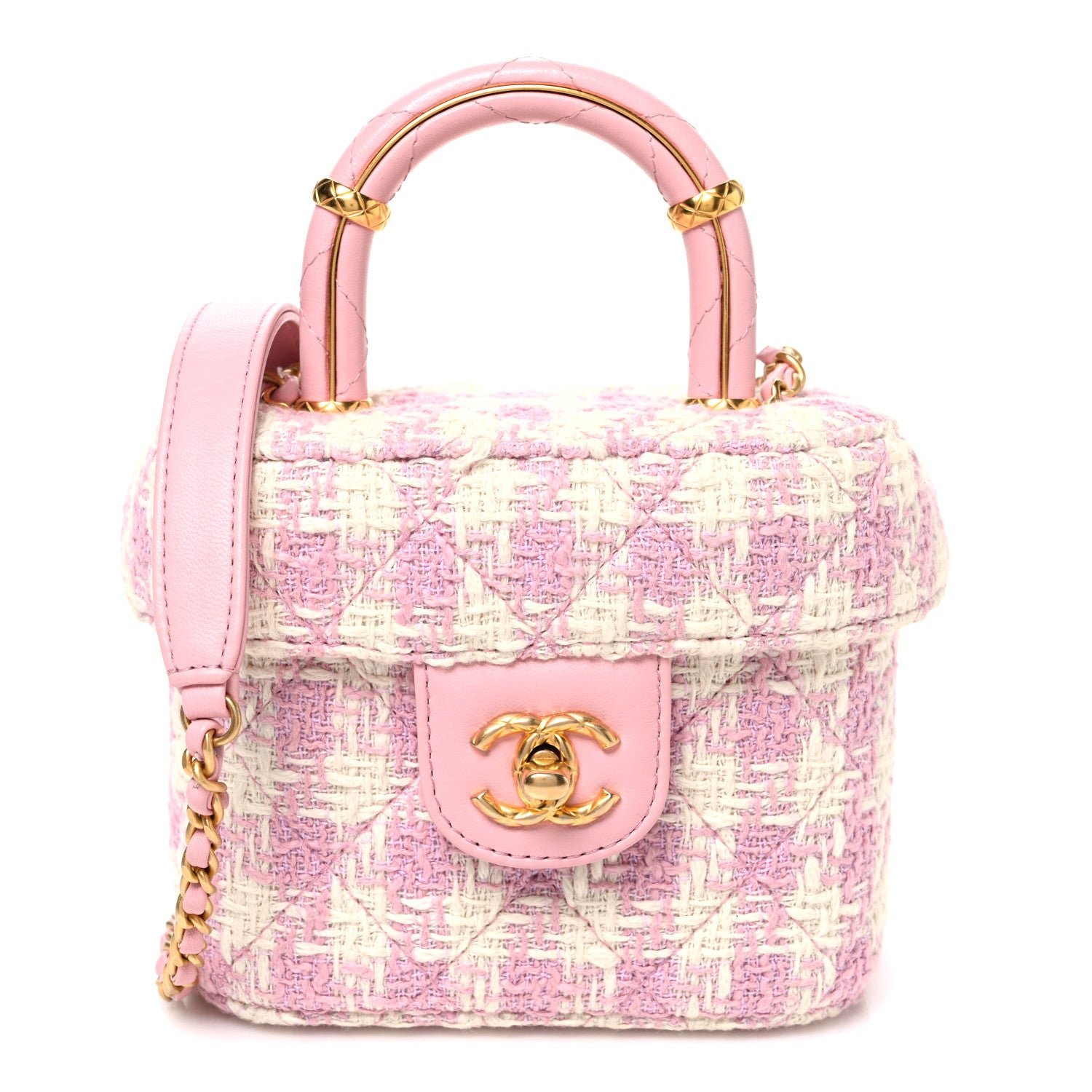 Chanel Tweed Handle Crush Top Handle Flap Bag Pink Ecru