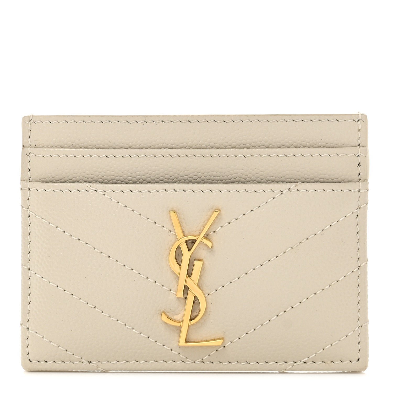 Saint Laurent Grain De Poudre Matelasse Chevron Monogram Credit Card Case Crema Soft