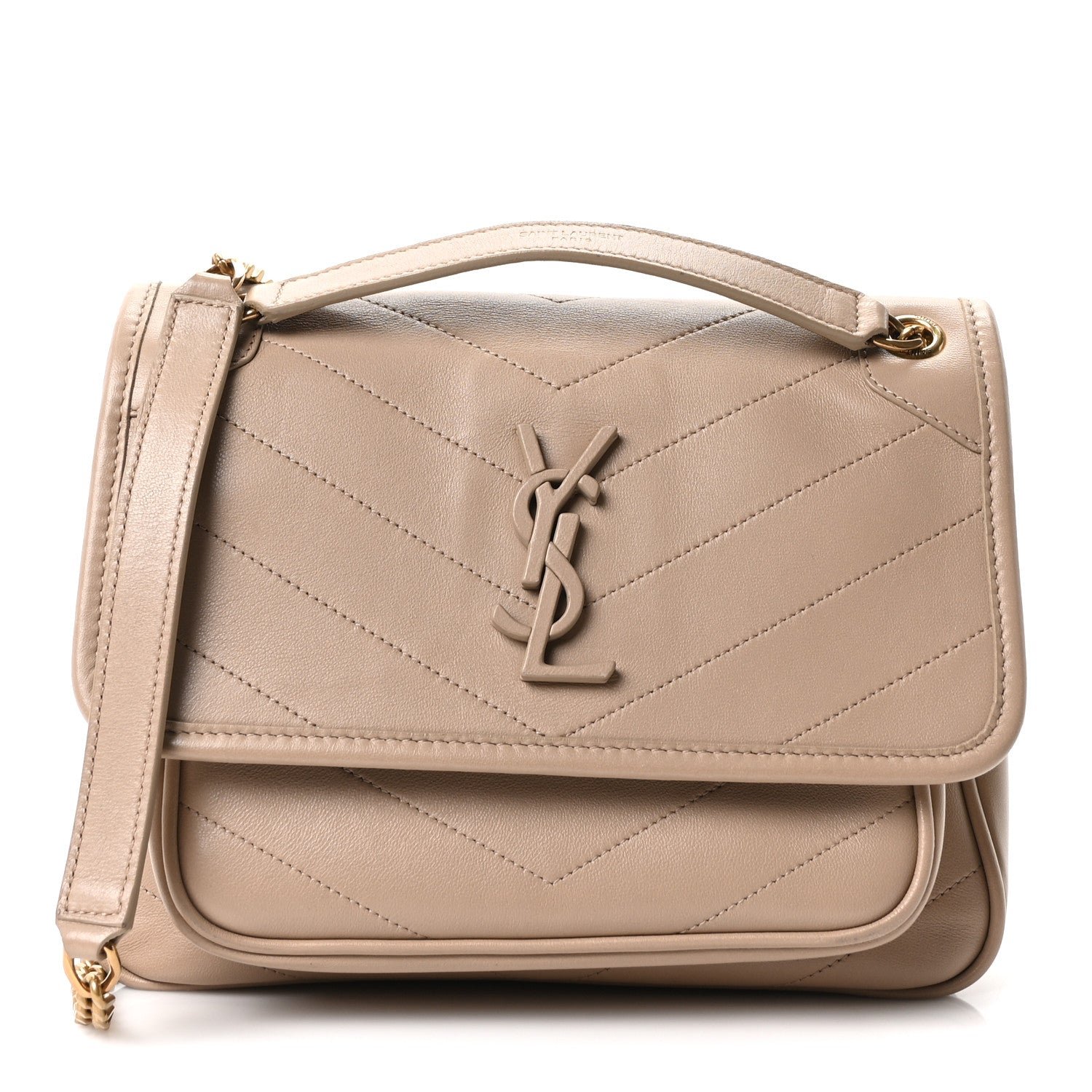 Saint Laurent Lambskin Calfskin Matelasse Monogram Baby Niki Chain Satchel Dark Beige