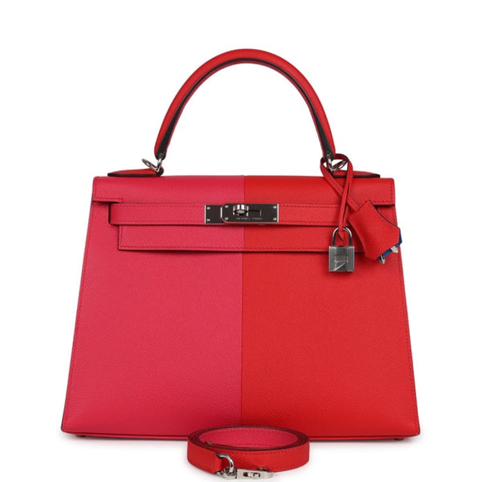 Hermes Pre-owned Hermes Kelly Sellier 28 Casaque Rouge De Coeur, Rose Extreme and Bleu Zanzibar Epsom Palladium Hardware