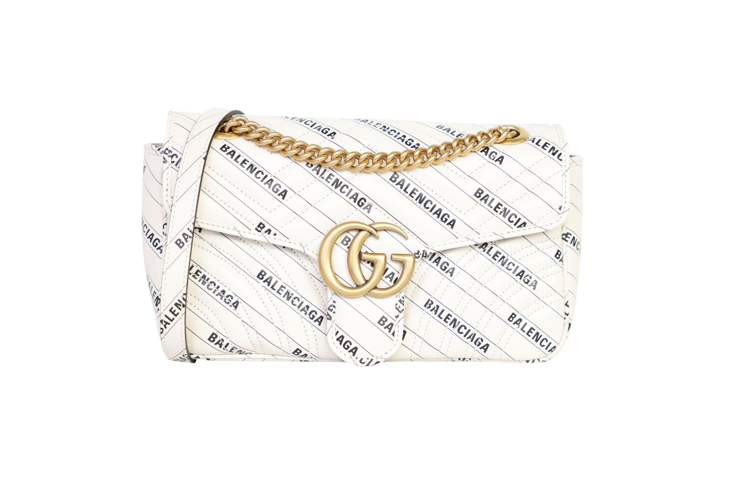 Gucci x Balenciaga Hacker GG Marmont Small Shoulder Bag, White Leather and Gold Hardware, Preowned in Box WA001