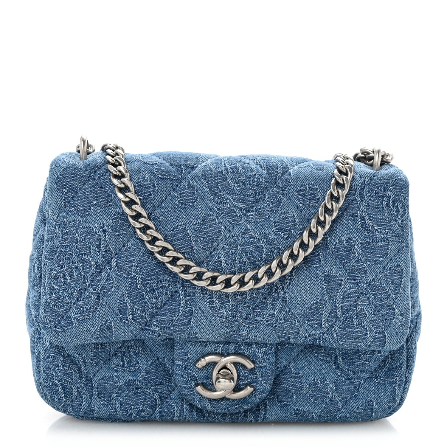 Chanel Denim Quilted Camellia Sweetheart Mini Flap Blue