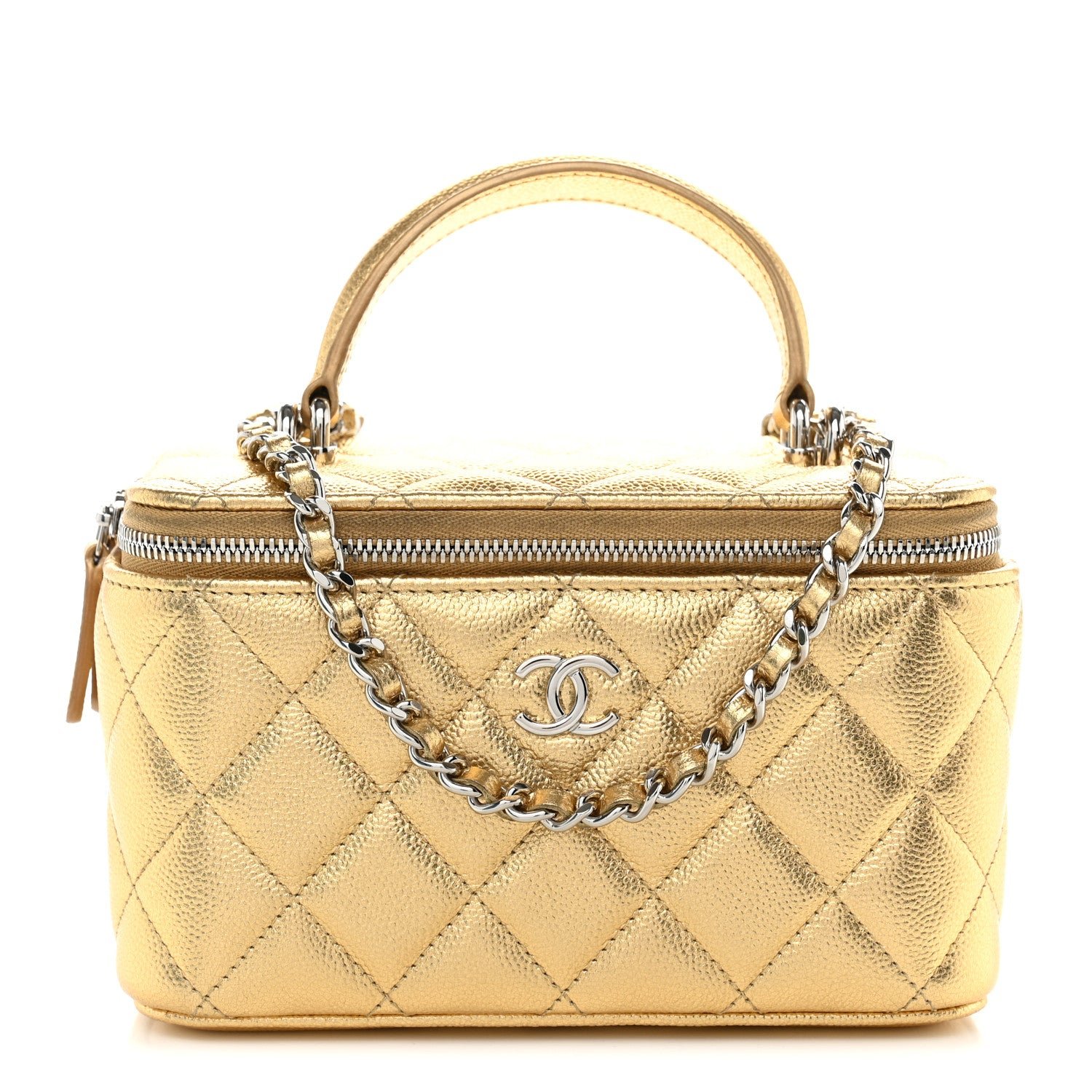 Chanel Metallic Caviar Quilted Top Handle Slim Vanity Case With Chain Gold