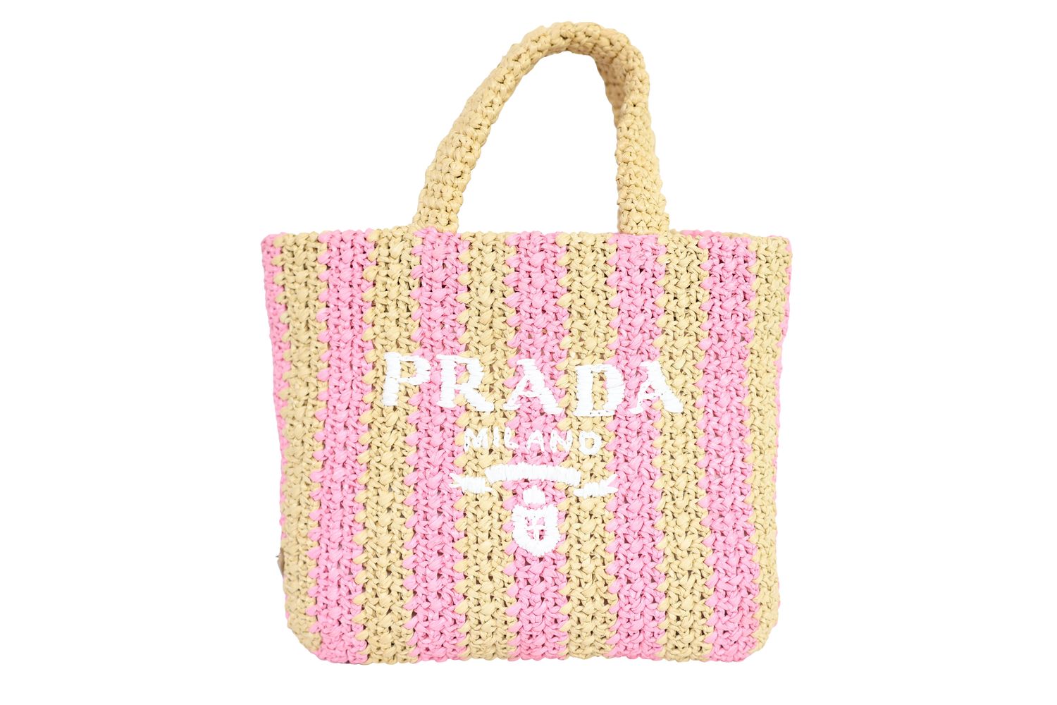 Prada Crochet Small Tote Bag, Pink and Natural Striped Raffia, Preowned in Box WA001
