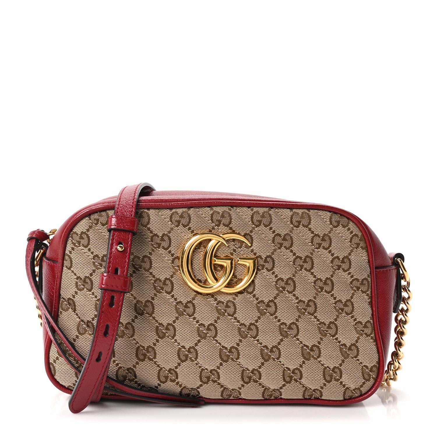 Gucci Monogram Azalea Calfskin Matelasse Diagonal Small GG Marmont Chain Shoulder Bag Beige Ebony New Cherry Red