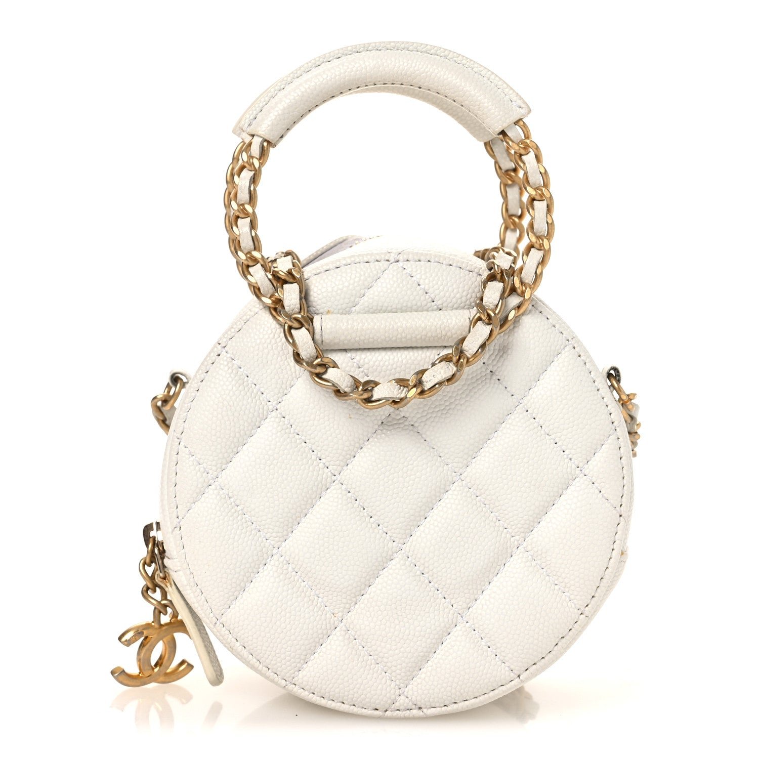 Chanel Caviar Quilted Chain Handle Round Clutch With Chain Bag  White