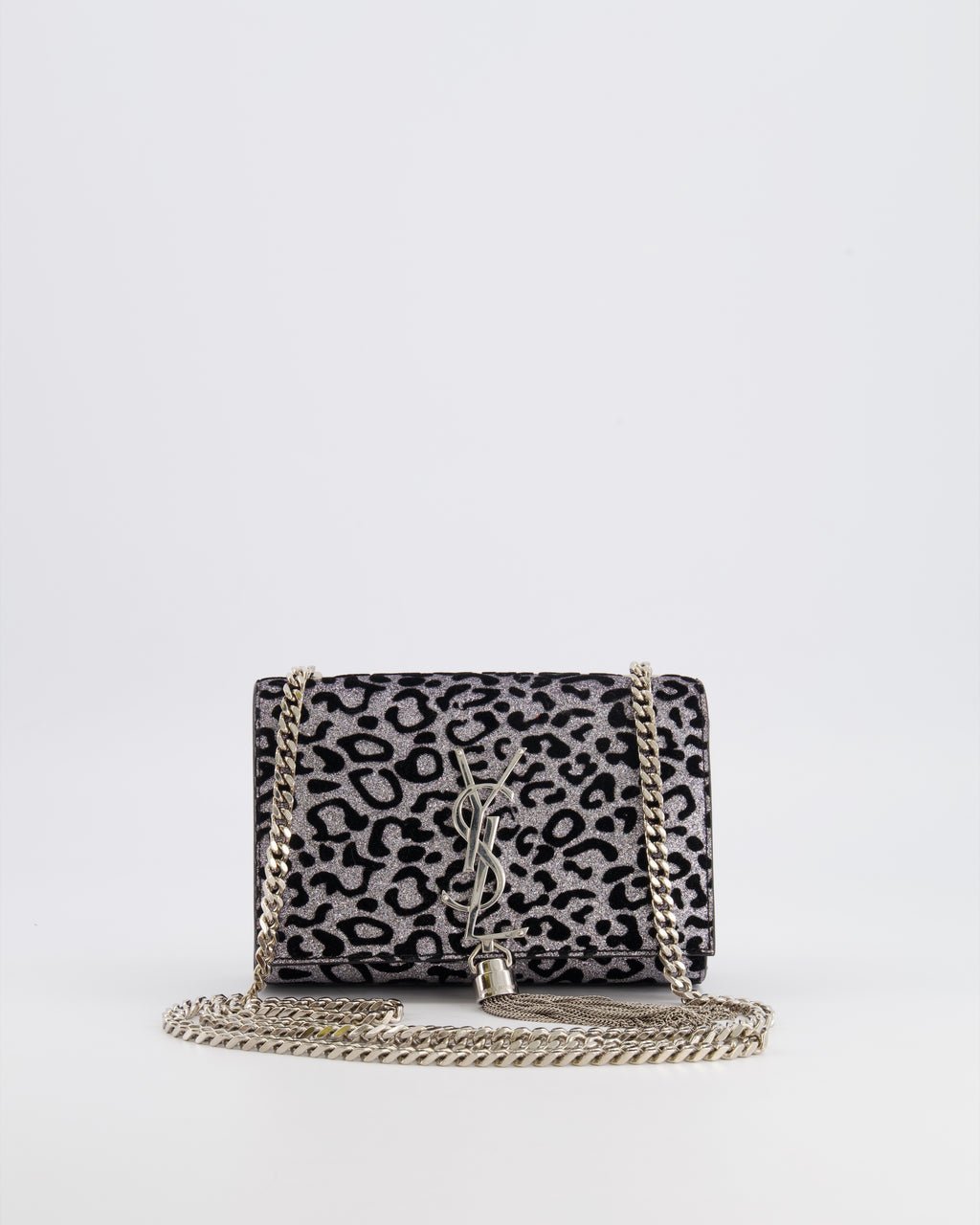 Saint Laurent Silver Glitter and Black Velvet Leopard Print Monogram Kate Tassel Bag with Silver Hardware