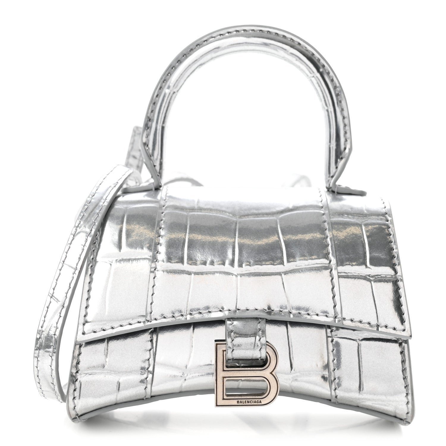 Balenciaga Balenciaga Metallic Calfskin Crocodile Embossed Hourglass Top Handle Bag Mini Silver