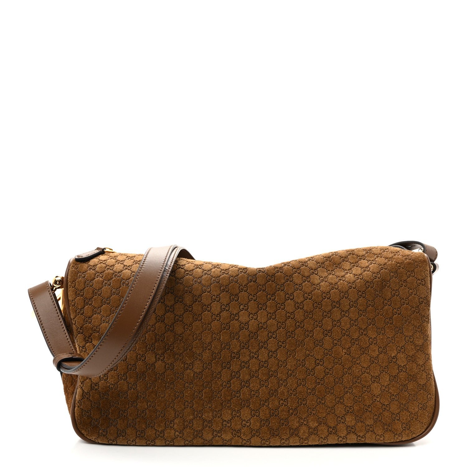 Gucci Suede GG Monogram Half Horsebit Medium Shoulder Bag Brown
