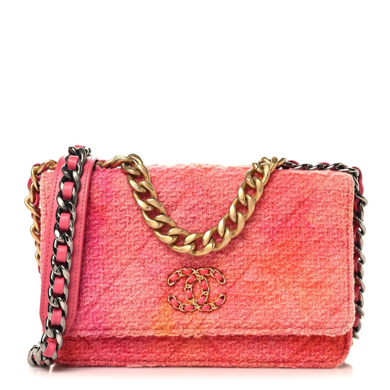 Chanel Wool Tweed Lambskin Quilted Chanel 19 Wallet On Chain WOC Coral Pink