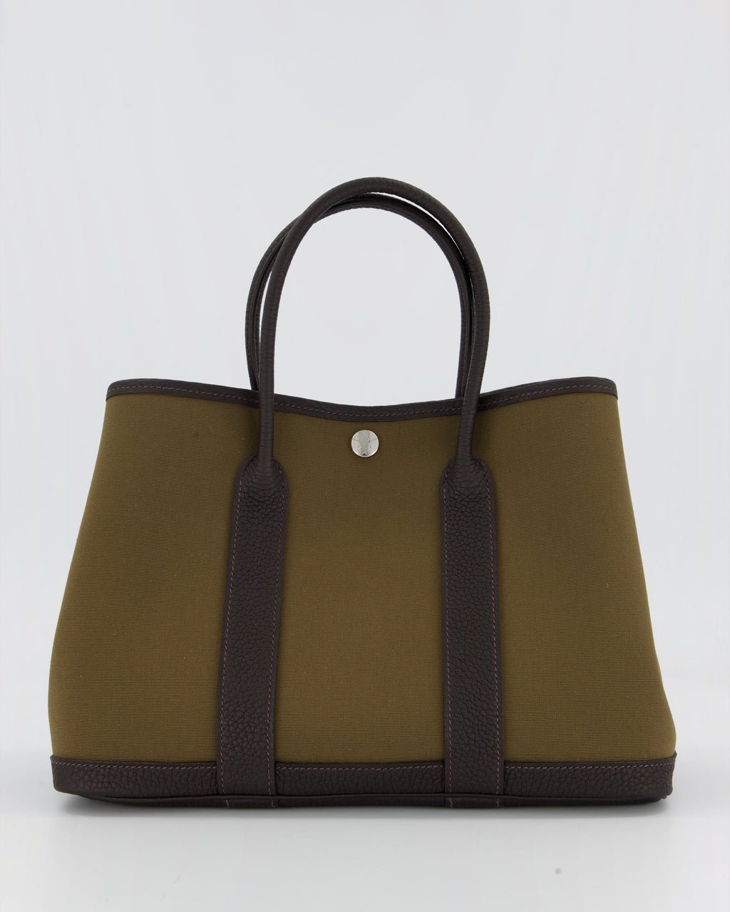Hermès Garden Party 30 Bag in Vert Olive Canvas and Bai Brun Negonda Leather with Palladium Hardware