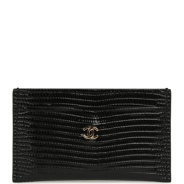 Chanel CC Card Holder Wallet Black Lizard Embossed Calfskin Gold Hardware