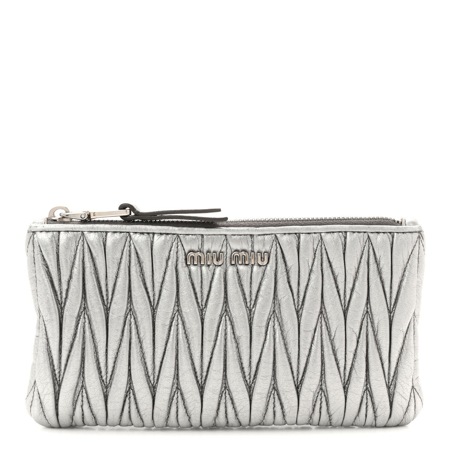 Miu Miu Miu Miu Metallic Nappa Matelasse Quilted Zip Wallet Silver