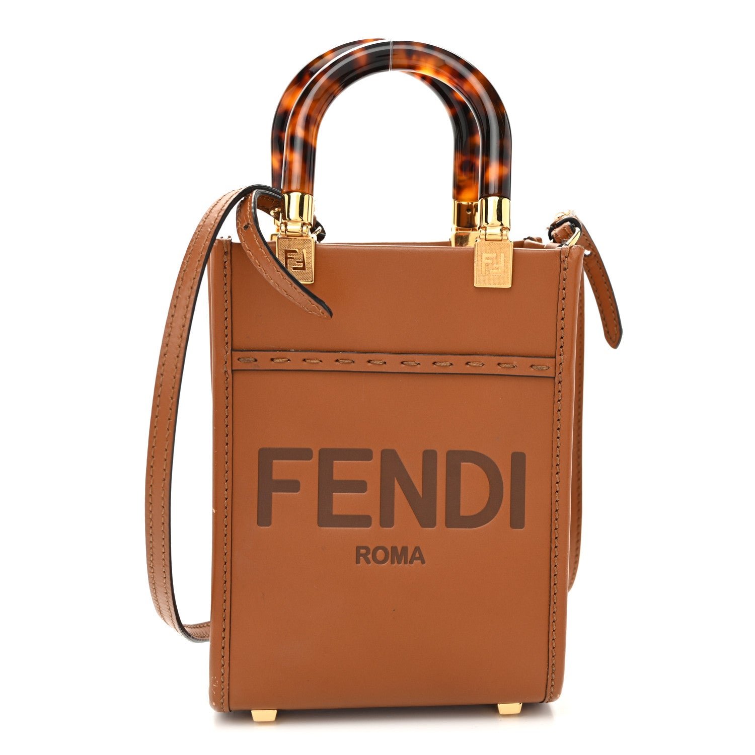 Fendi Vitello King Plexiglass Logo Embossed Mini Fendi Sunshine Shopper Tote Cuoio