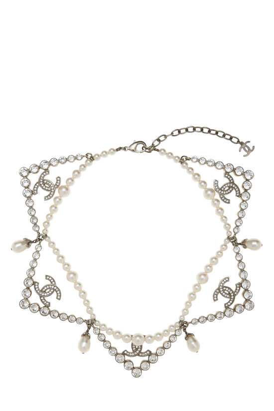Chanel Silver Crystal Faux Pearl Necklace