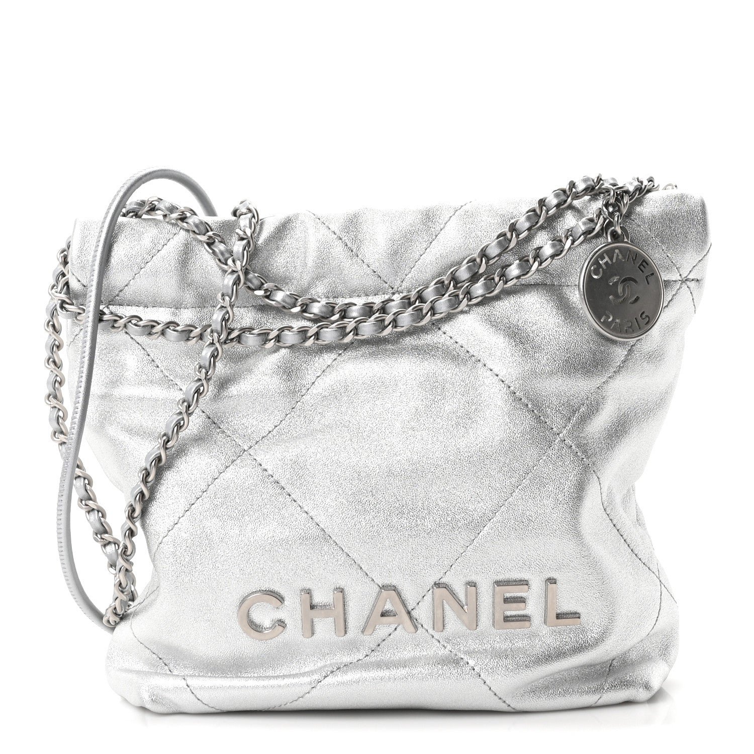 Chanel Metallic Lambskin Quilted Mini Chanel 22 Silvery