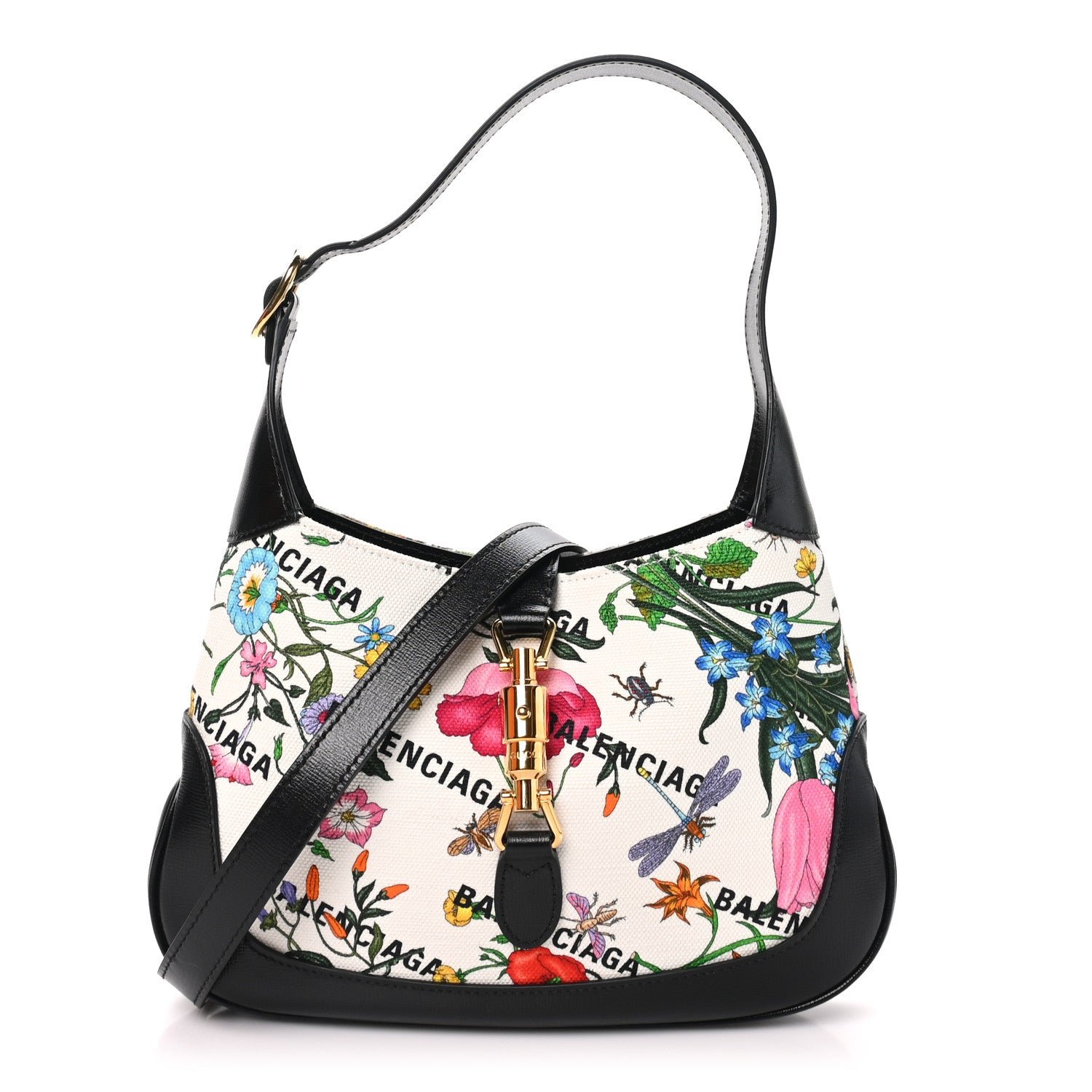 Gucci X BALENCIAGA Canvas Boarded Pluton Calfskin Flora Logo Print Small Jackie 1961 Hobo White Multicolor Black