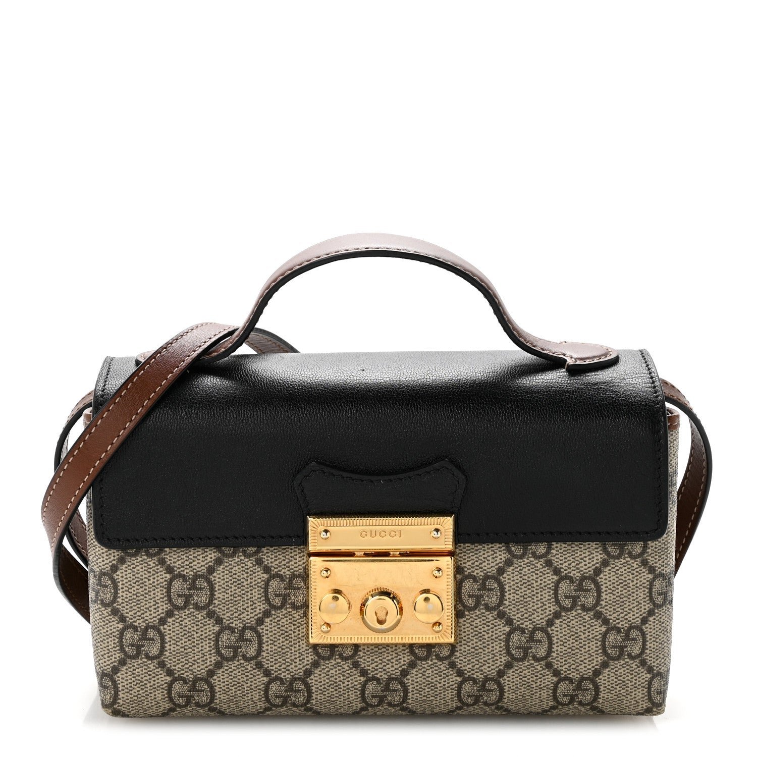 Gucci GG Supreme Monogram Calfskin Mini Padlock Top Handle Shoulder Bag Beige Black Cuir
