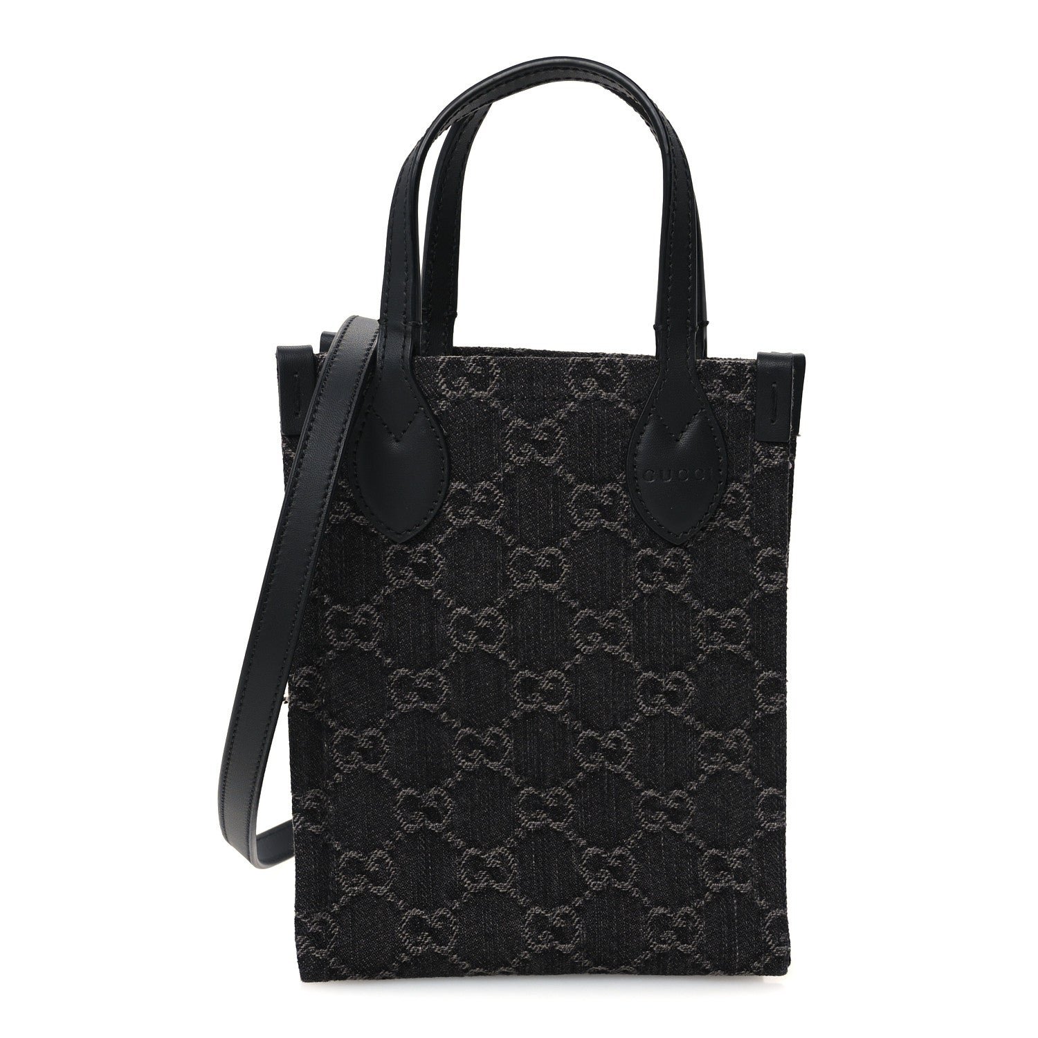 Gucci Denim Cuoio Harness GG Monogram Mini Ophidia Tote Bag Black Medium Grey